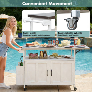 Foldable Outdoor Kitchen Island With Lockable Wheels, Storage Cabinet And Towel Rack For Patio