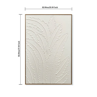 Framed Botanical Leaf Wall Art, Thick Textured Canvas Painting, Neutral Decor For Living Room - White