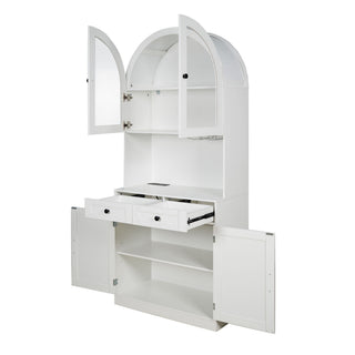 Tall Arched Pantry Cabinet With Charging Station, Adjustable Shelves, Coffee Bar