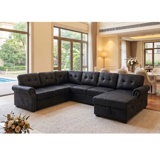U Shape Sectional Sleeper Sofa With Pull Out Bed And Storage Chaise - Black