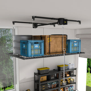 Overhead Garage Storage Rack For High Ceilings, Construction With Safety Lock - Black