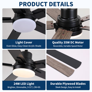Ceiling Fan With Lights And Remot With Quiet DC Motor, 6 Speeds, Reversible Blades - Black