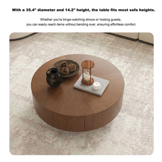 Drum Shaped Coffee Table With Hidden Storage Drawer, Low Profile For Living Room - Walnut