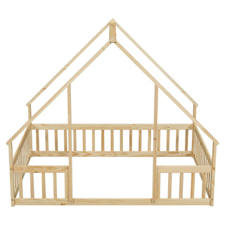 Wood House-Shaped Floor Bed With Fence, Guardrails