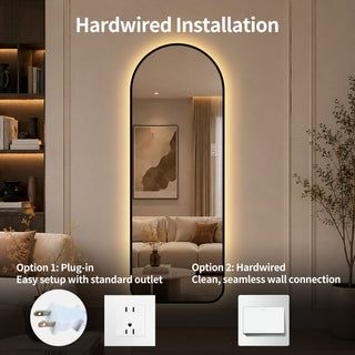 65" X 24" Arched LED Full Length Mirror With Frame, 3 Color Temperatures & Stepless Dimming - Black