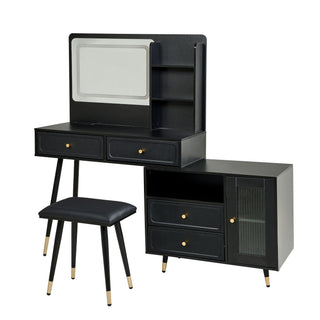 Modern Makeup Vanity Desk With Mirror And Lights Retractable Design Engineered Wood - Black