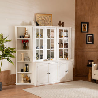 Retro Style Wall Suit With Glass Doors, 75.25" Tall Display Cabinets & Triangle Sided Bookshelves - White