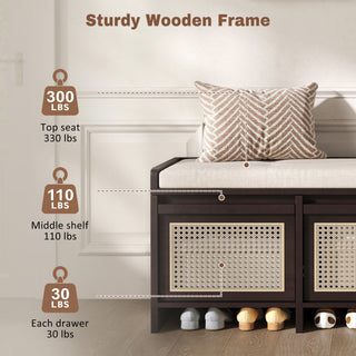 Entryway Shoe Bench With Drawers & Button Tufted Cushion