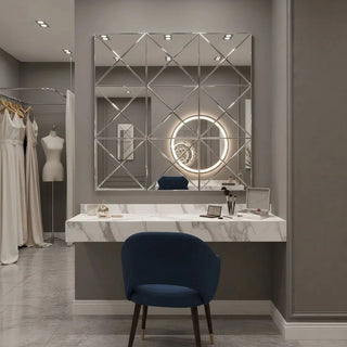 3D Beveled Wall Mirror With Frame, Large Square Design For Living Room - Silver