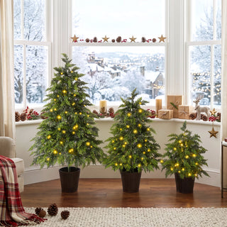 3 Piece Pre Lit Christmas Tree Set With Warm Glowing LED Lights, Sturdy Potted Base, Full Cascading Branches - Green