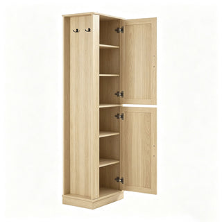 Tall Freestanding Bathroom Storage Cabinet With Adjustable Shelves And Side Hooks