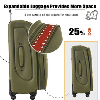 Softside Luggage Expandable 3 Piece Set Upright Spinner Lightweight Travel Suitcase 22" / 26" / 30" - Army Green