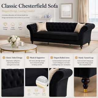3 Seater Button Tufted Sofa With Rolled Arms, Living Room Couch With 2 Pillows - Black