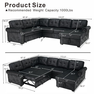 U Shape Sectional Sleeper Sofa With Pull Out Bed And Storage Chaise - Black