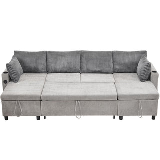 Sectional Sofa Bed With Pull Out Sleeper, USB Ports, Cup Holders