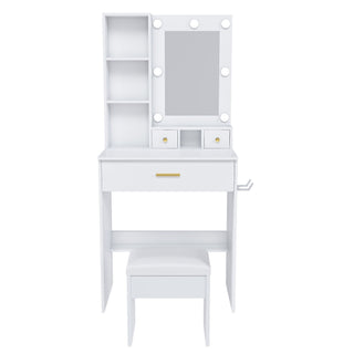 Vanity Table With Mirror, Adjustable LED Lights, Power Outlet, Hairdryer Holder & Stool