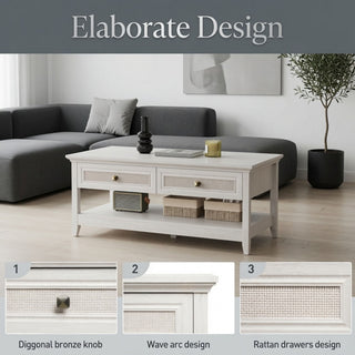 Coffee Table With Drawers & Storage Shelf - White