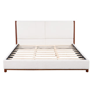 King Upholstered Bed Frame, No Box Spring Needed - Walnut / White