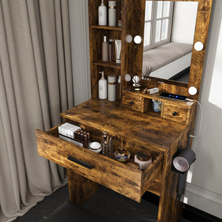 Vanity Table With Mirror, Adjustable LED Lights, Power Outlet, Hairdryer Holder & Stool