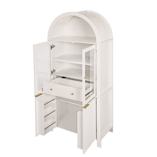 Fluted Tall Arched Pantry Cabinet With Adjustable Shelves, Glass Door & Hidden Drawer For Kitchen