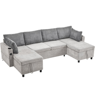 Sectional Sofa Bed With Pull Out Sleeper, USB Ports, Cup Holders