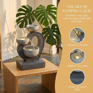 3 Tier Outdoor Water Fountain With Warm LED Lights, Stone Textured Cascading Design For Patio - Gray
