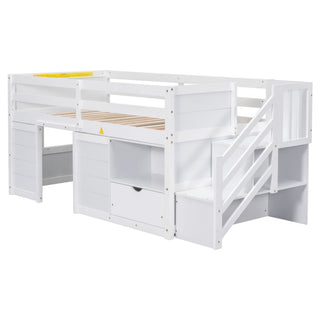 Low Loft Bed With Stair, Drawer, And Shelf