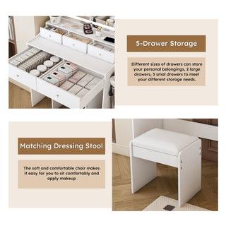 Modern Makeup Vanity Set With Power Outlet, Hair Dryer Holder, And Adjustable Lighting