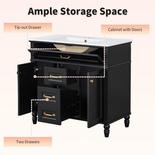 Bathroom Vanity With Sink, Flip-Out Top Drawer, Soft Close Doors, 2 Storage Drawers