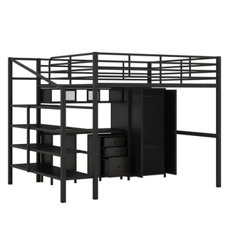 Full Size Loft Bed With Desk Set And Wardrobe - Black