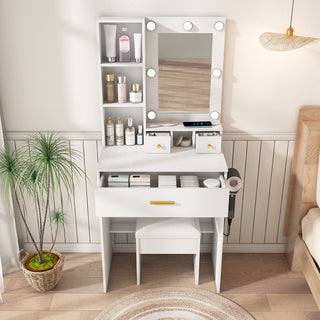 Vanity Table With Mirror, Adjustable LED Lights, Power Outlet, Hairdryer Holder & Stool