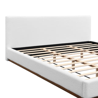 Elegant Boucle Upholstered Bed With Wood Grain Textured Solid Wood Base Frame