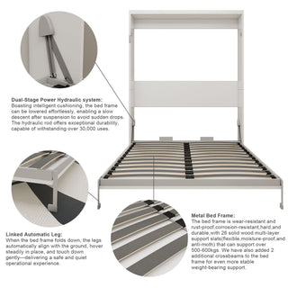 Queen Size Wall Mounted Murphy Bed With Manual Height Adjustable Desk, Cabinet & Frame & Computer Desk - White