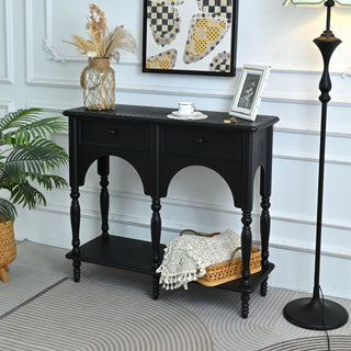 Accent Carved Console Table With Open Shelf And 2 Drawers For Living Room - Black