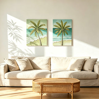 Palm Tree Wall Art, Beach Canvas Painting With Accents, Hand Painted Textured Tropical Decor (Set of 2) - Aqua Blue