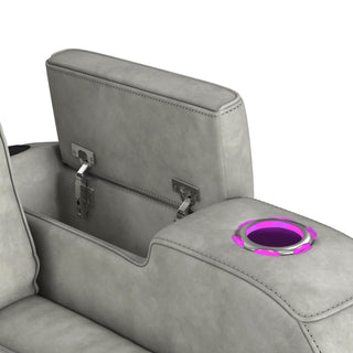 Prime Time - P3 Sofa With Ddt, 3.0 Table, 7 Colors (Led And Cup Holders), Reading Light, Vibration, Speaker, And Heat Massage - Leather Gel Light Gray