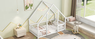 Wood House-Shaped Floor Bed With Fence, Guardrails