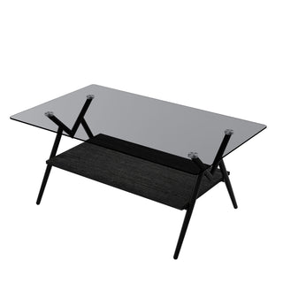 Rectangle Coffee Table With Tempered Glass Top And Shelf, Modern Table For Living Room