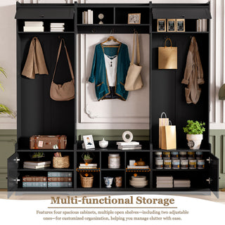 Wide Hall Tree With Shoe Storage, 4 In 1 Entryway Bench With 8 Cubbies, 7 Coat Hooks & Adjustable Shelf For Hallway - Black