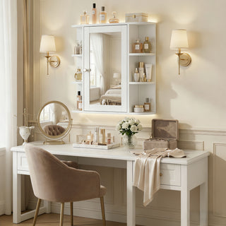 Bathroom Wall Storage Cabinet With Mirror And Adjustable Shelf, 6 Open Shelves