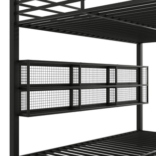 Queen Over Queen Bunk Bed With Storage Cabinets And LED Sturdy Frame, 6 Storage Units, Adjustable LED Lights - Black
