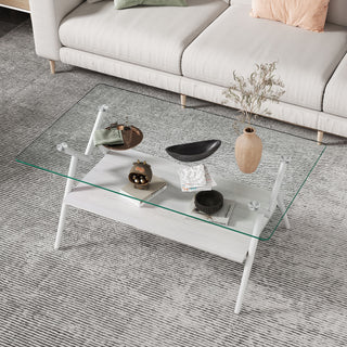 Rectangle Coffee Table With Tempered Glass Top And Shelf
