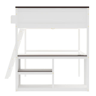 Queen Size Loft Bed With Desk, Open Shelf, Storage Box And USB Charging Station - White