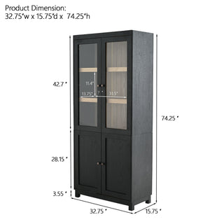 Mid Century Modern Style Tall Display Cabinet With Glass Doors For Collectibles - Black