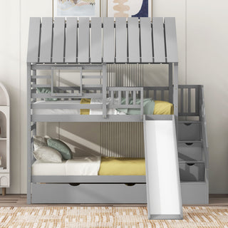 House Bunk Bed With Trundle, Storage Staircase, Roof And Window Design