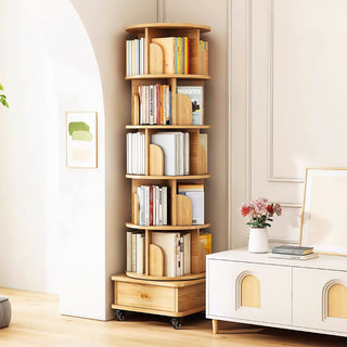 6 Tier Rotating Bookshelf With Wheels And Drawer, 360° Spinning Design, Space Saving Storage, For Home - Wood