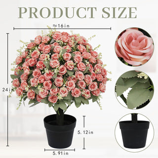 Artificial Rose Decoration With UV Resistant Silk Petals, Durable Stems In Cement Pot, Indoor Outdoor Potted Floral Arrangement - Green / Pink