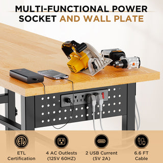 Adjustable Workbench, Side Pegboard, 4 Height Settings, Power Outlet, Storage Box, Wheels Or Leveling Feet - Black