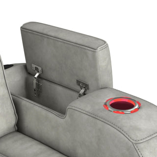 Prime Time - P3 Sofa With Ddt, 3.0 Table, 7 Colors (Led And Cup Holders), Reading Light, Vibration, Speaker, And Heat Massage - Leather Gel Light Gray