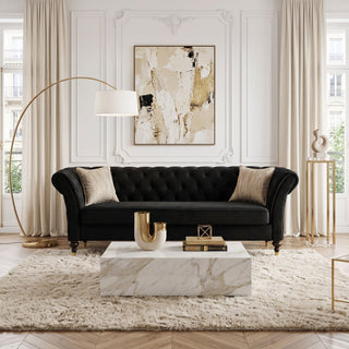 3 Seater Button Tufted Sofa With Rolled Arms, Living Room Couch With 2 Pillows - Black